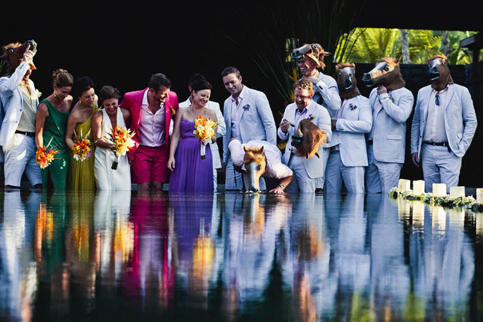 A quirky wedding part by a pool