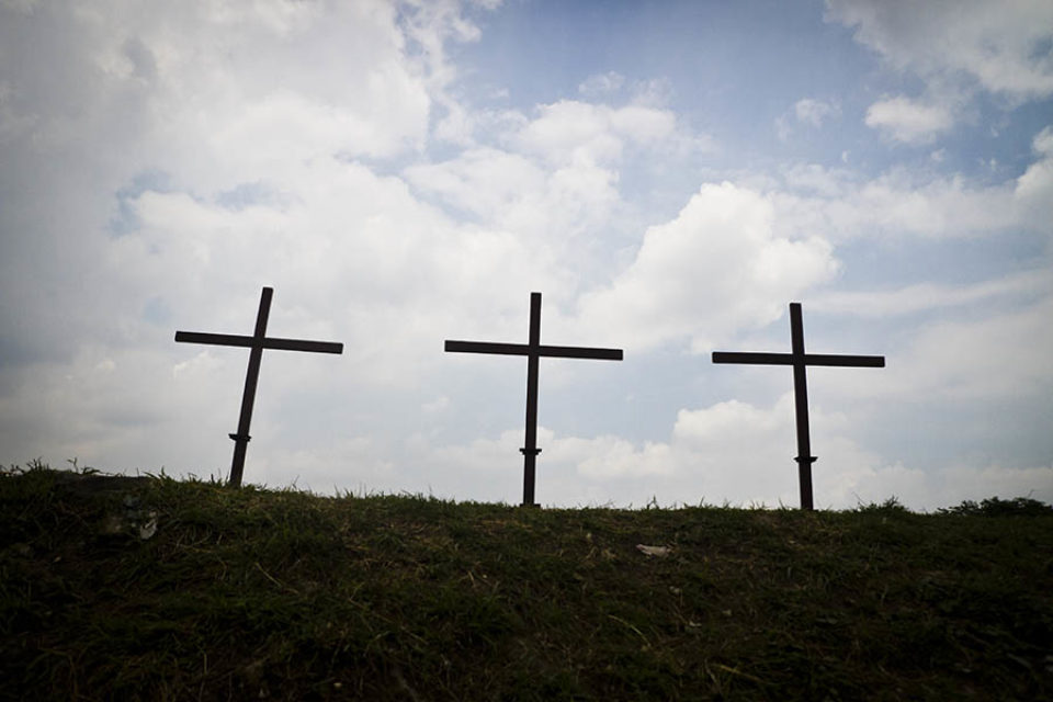 Three empty crucifixes