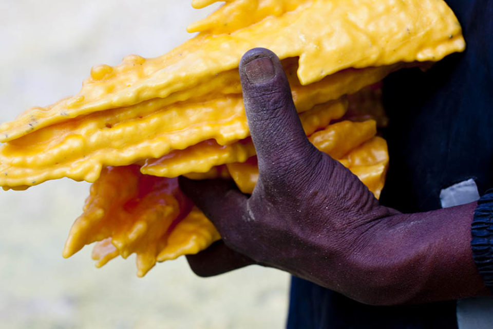 Miner holding sulphur to sell to tourists