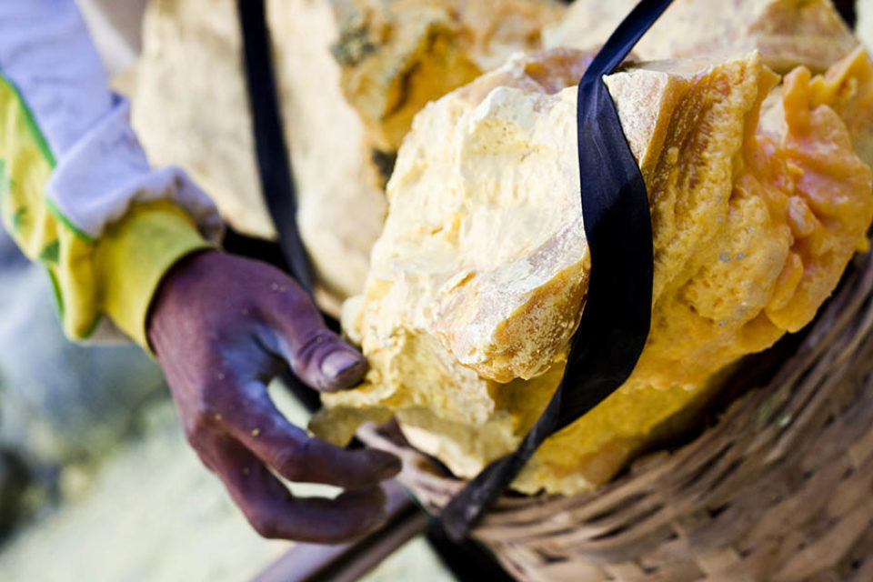 Miner strapping sulphur to basket