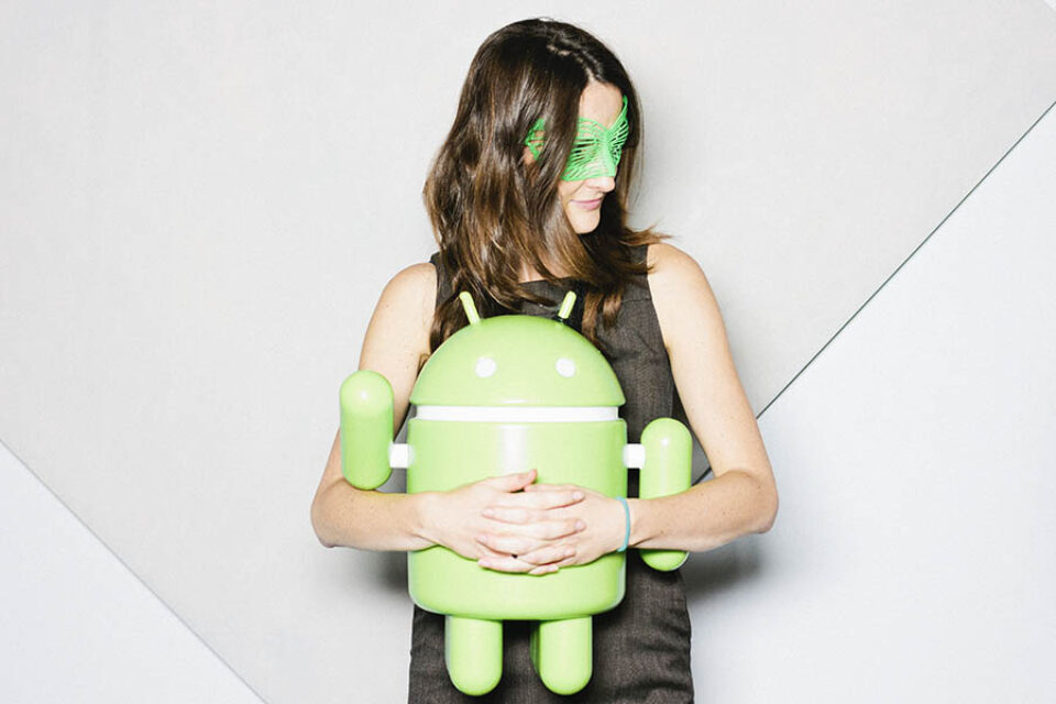 Commercial Photographer - Woman holding Android, Google Play mascot