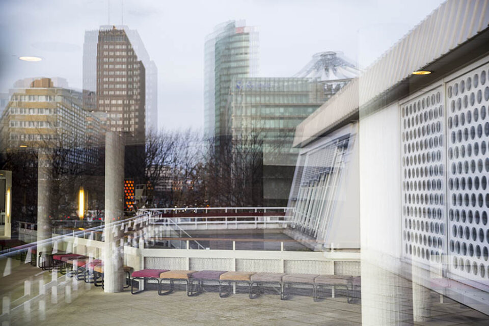 Potsdamer Platz reflected in Berliner Philharmonie interior