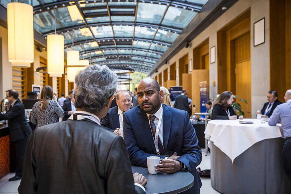 Networking delegates at event