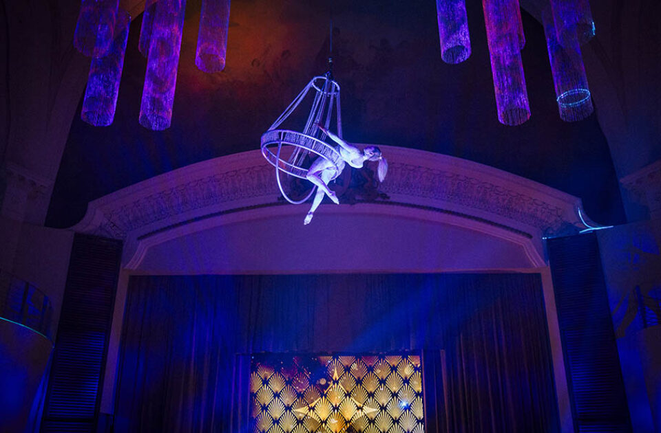 Acrobat performing high up during a corporate event in Montreal