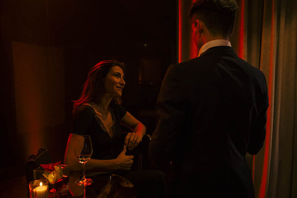 Couple in moody light at event in Montreal