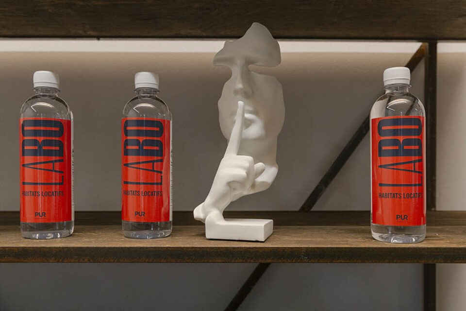 Branded water bottles at an event in Montreal