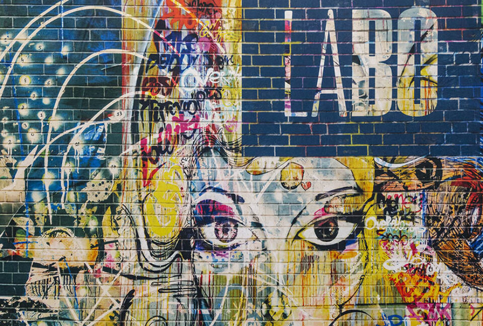 Graffitied photo backdrop at a Montreal event