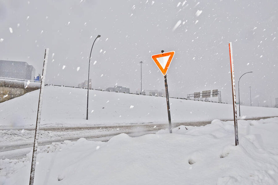 Traffic sign in snowfall