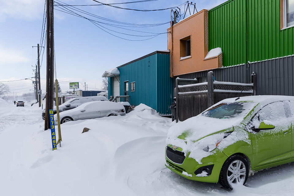 Colourful buildings, winter street view