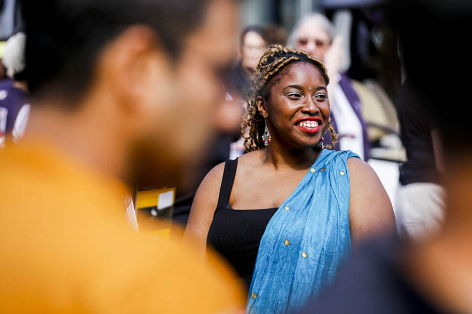 Montreal photographer image of smiling woman at Montreal street parade
