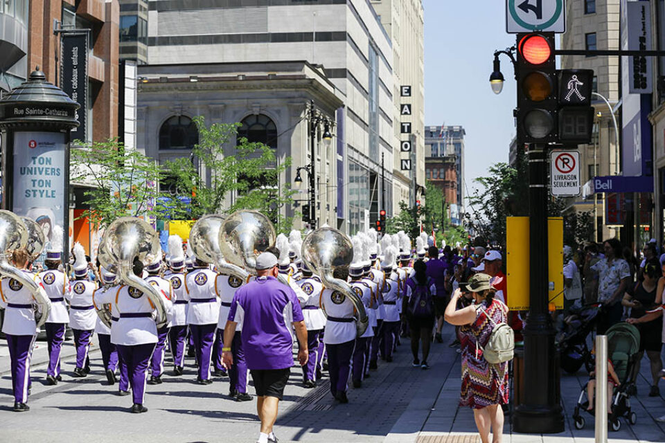 Marching band in city centre at Montreal street parade, Montreal event photography