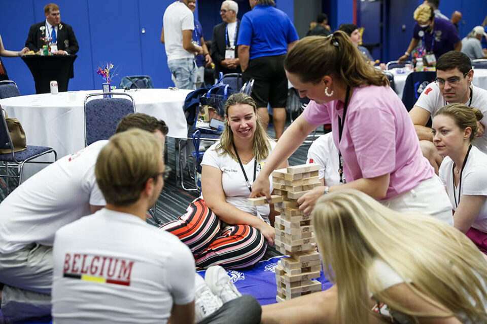 Young Montreal convention delegates play jenga