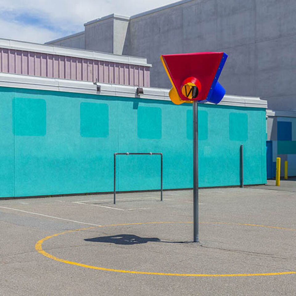 Landscape architectural photography, goalposts and basketball net in playground