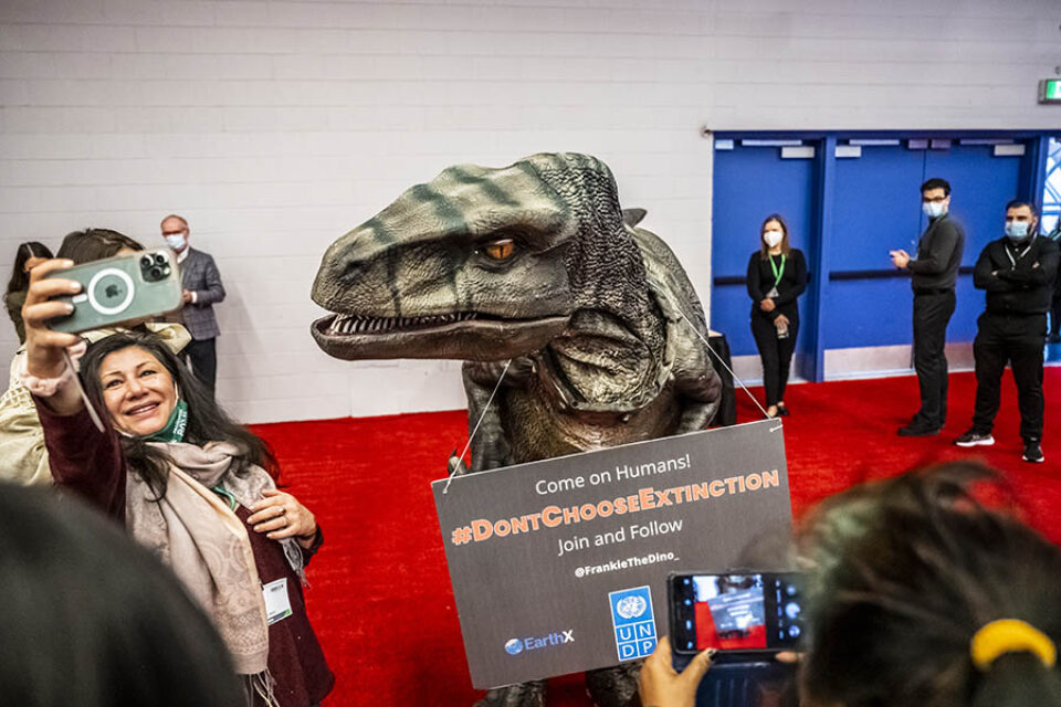 Frankie the Dino at COP15, Montreal event photography