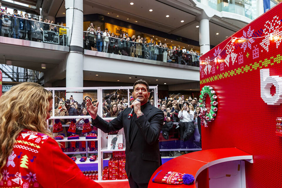 Michael Bublé speaks to fans at a corporate event in Toronto