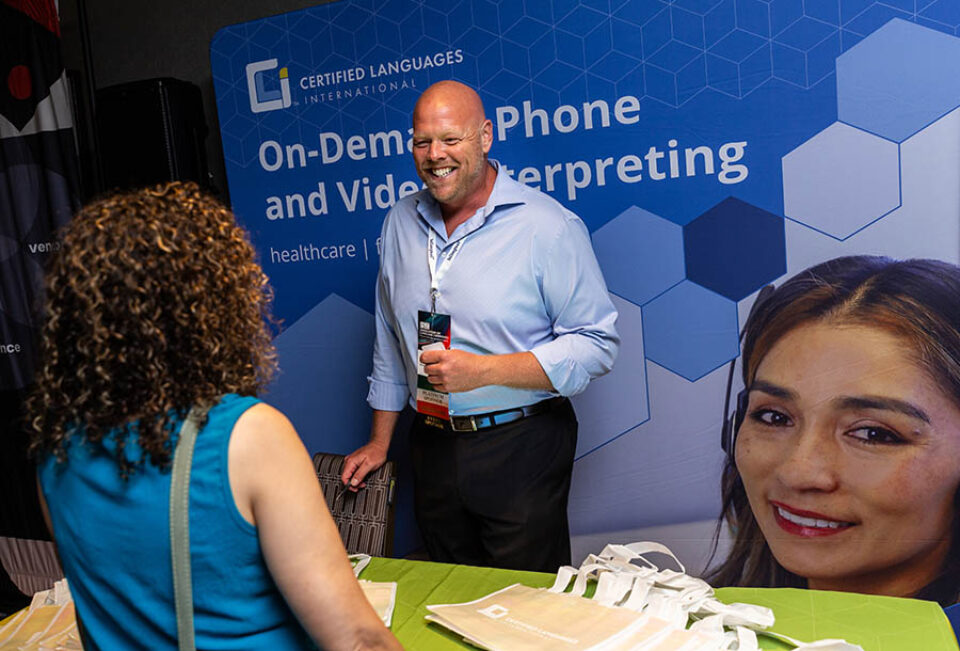 Delegates at corporate event booth in Montreal