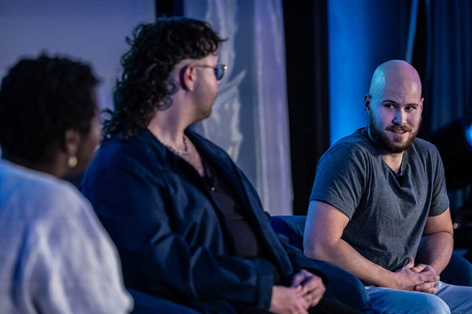 Participants in a fireside chat at a Montreal conference