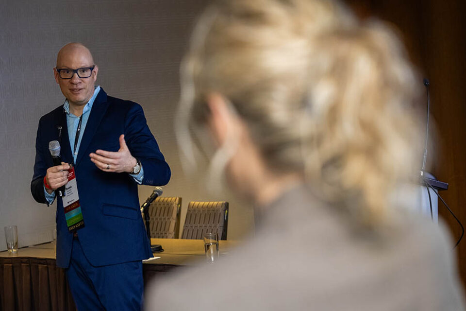Montreal conference presenter taking an audience question