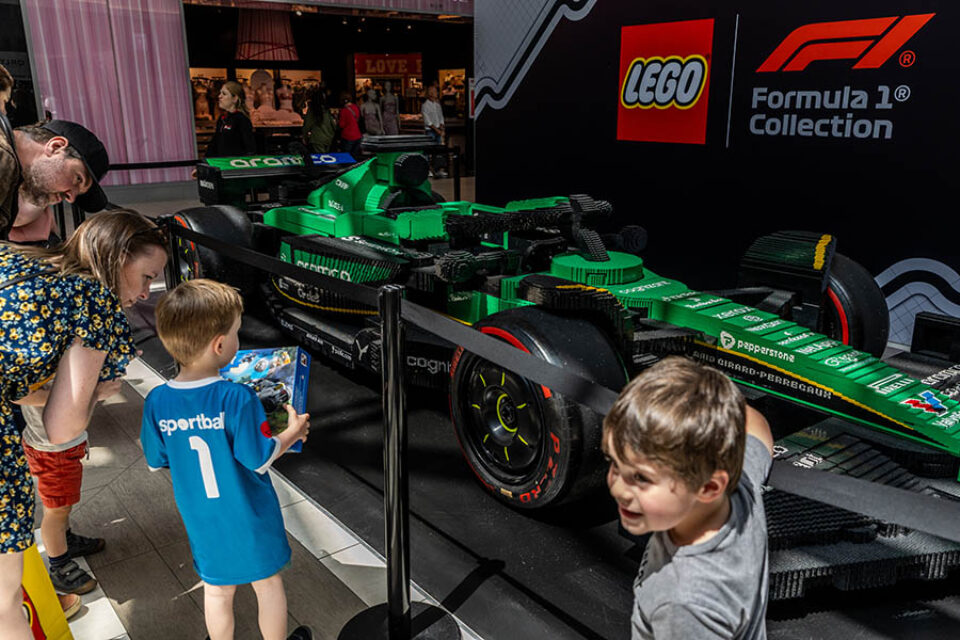 Kids with lifesize LEGO Aston Martin F1 car - Montreal F1 event photography
