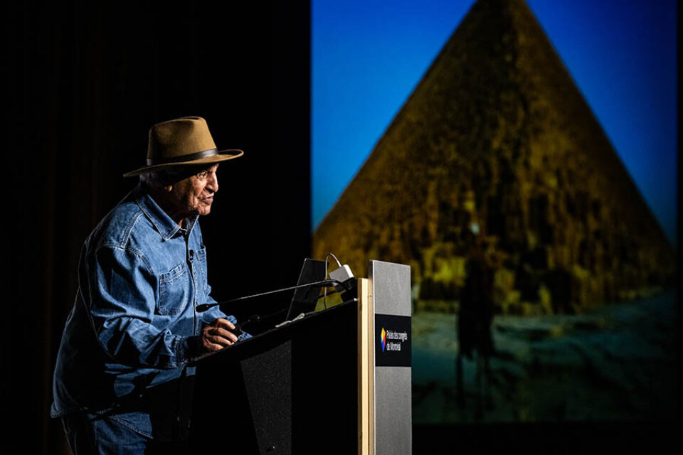 Montreal celebrity event photographer shot of Dr Zahi Hawass presenting onstage