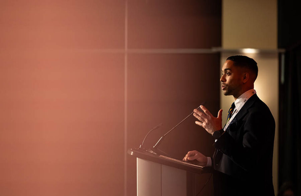 Conference speaker onstage in Montreal