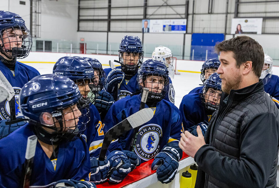 Pre-game coaching, hockey - Montreal college sports photographer